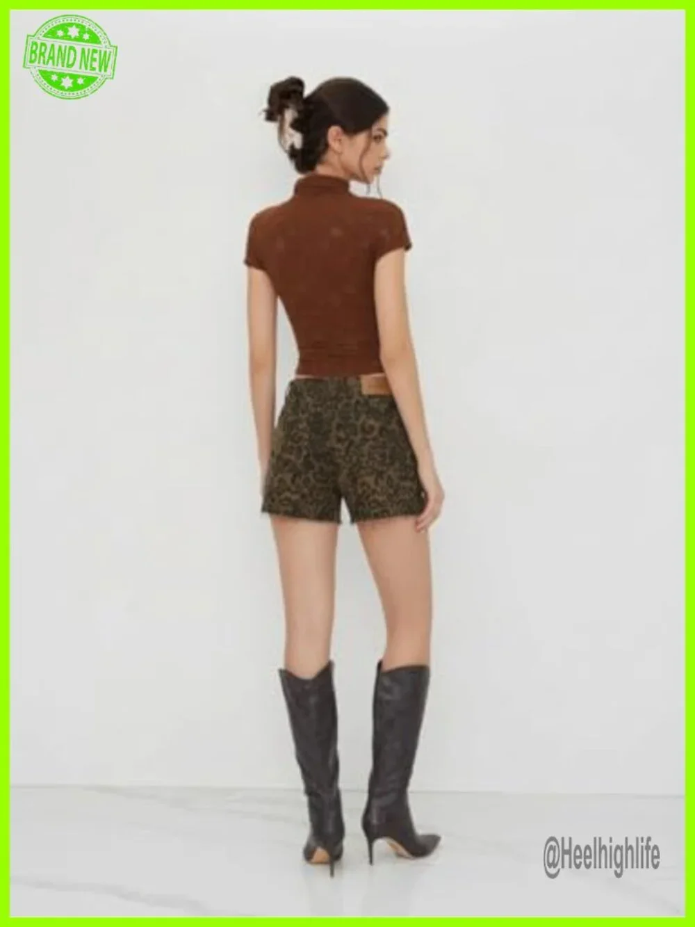 Leopard Print Denim Jean Shorts High Rise Frayed Hem Casual Summer